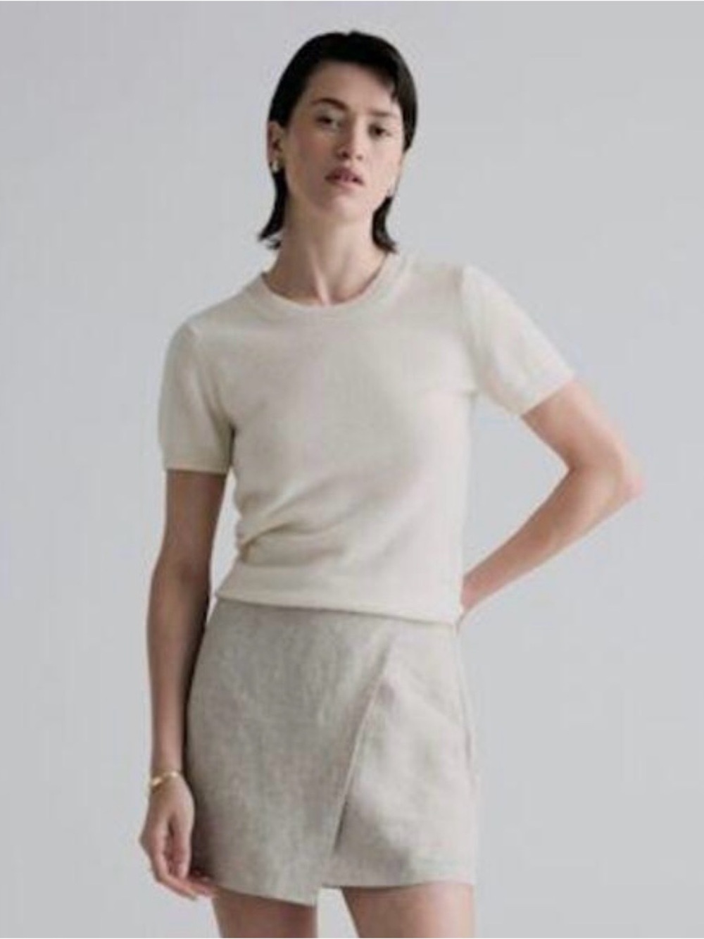 QUINCE Mongolian Cashmere Short Sleeve Sweater Tee Ivory Large